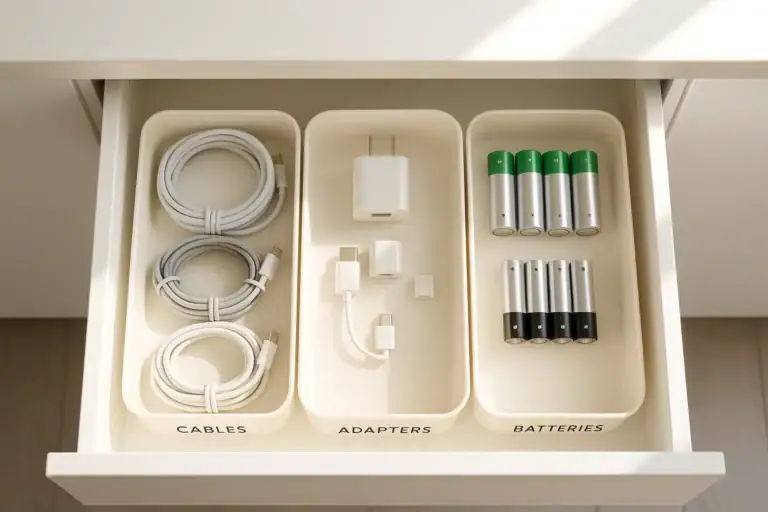 Charger Drawer Organization for Cables, Adapters, and Batteries
