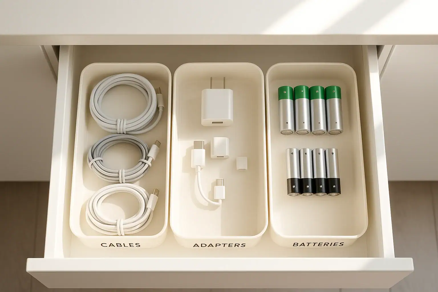 Charger Drawer Organization for Cables, Adapters, and Batteries