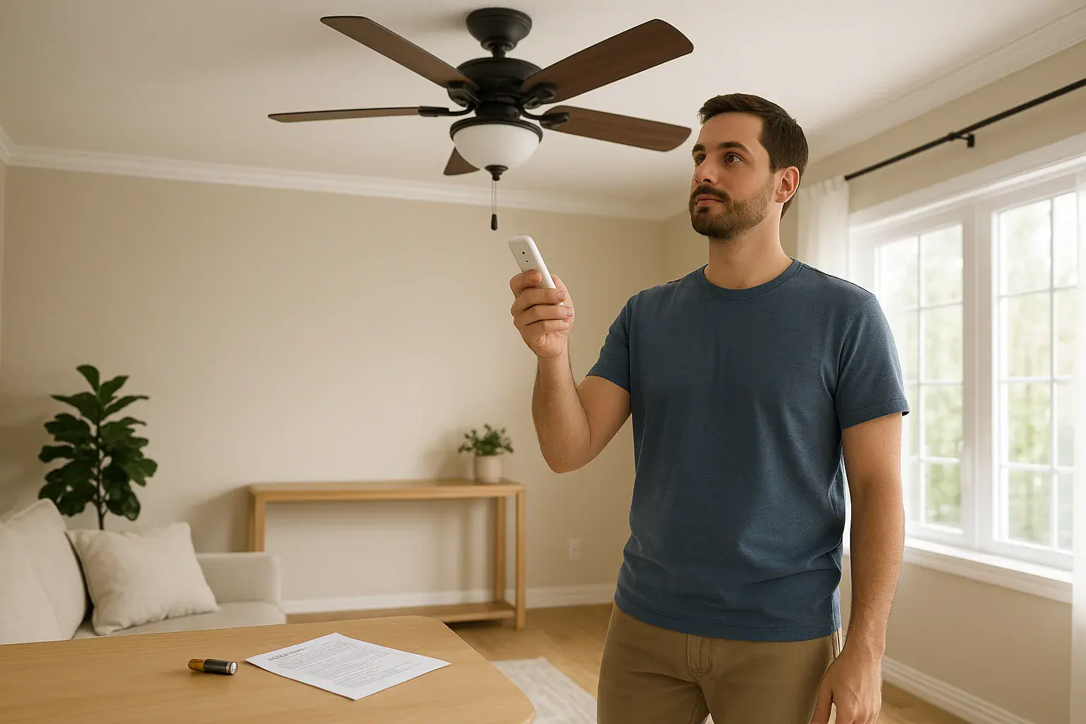 Homeowner checks a remote beneath a stationary ceiling fan