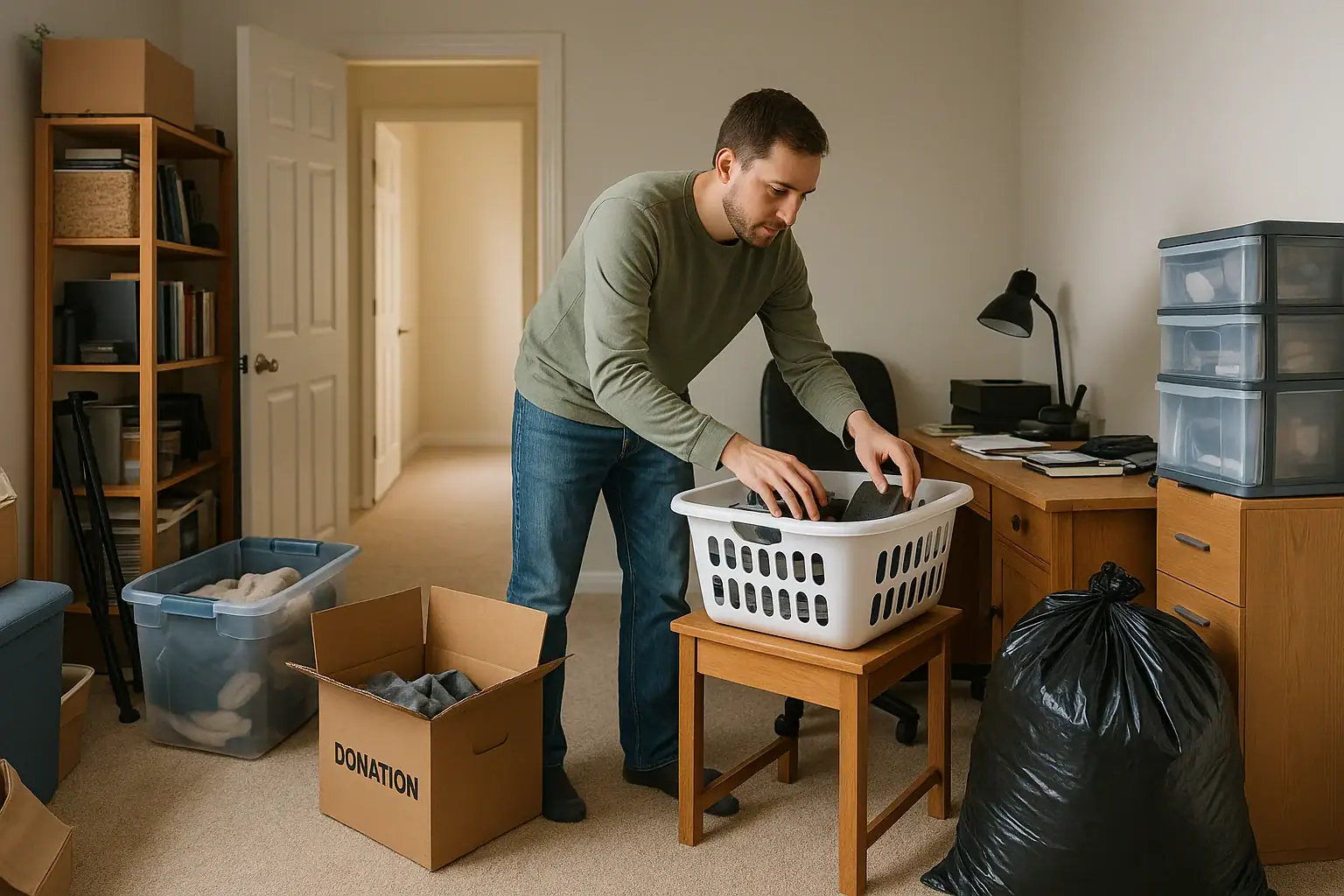 Adult sorting one small zone in a cluttered room