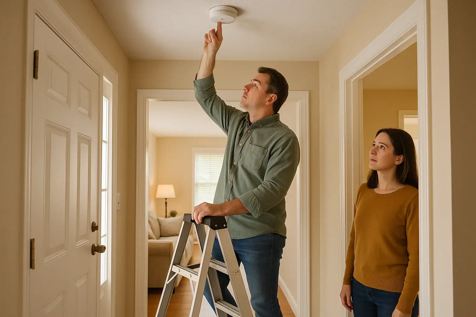 Homeowner safely using a test control on a ceiling smoke alarm