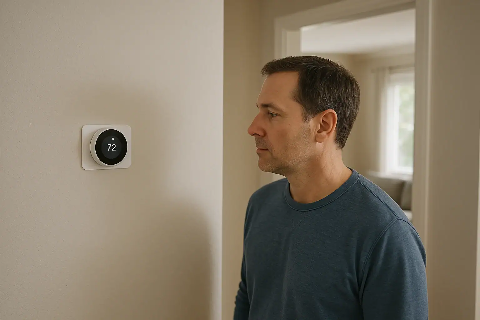 Smart thermostat mounted on a finished wall in a modern home